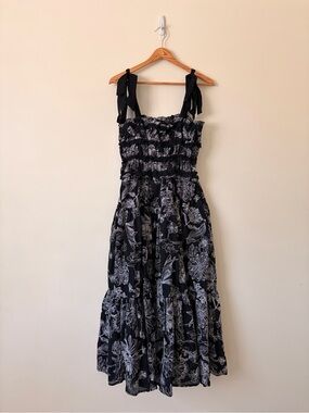 En Saison Black Floral Tie-Shoulder Smocked Midi Dress M